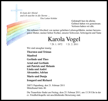 Traueranzeige von Karola Vogel von Neue Osnabrücker Zeitung GmbH & Co. KG