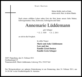 Traueranzeige von Annemarie Lüddemann von Neue Osnabrücker Zeitung GmbH & Co. KG