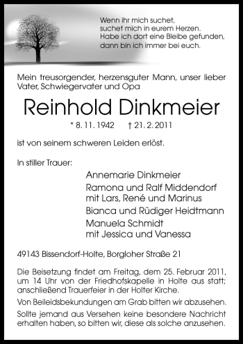 Traueranzeige von Reinhold Dinkmeier von Neue Osnabrücker Zeitung GmbH & Co. KG
