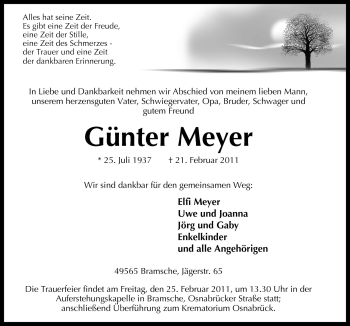 Traueranzeige von Günter Meyer von Neue Osnabrücker Zeitung GmbH & Co. KG
