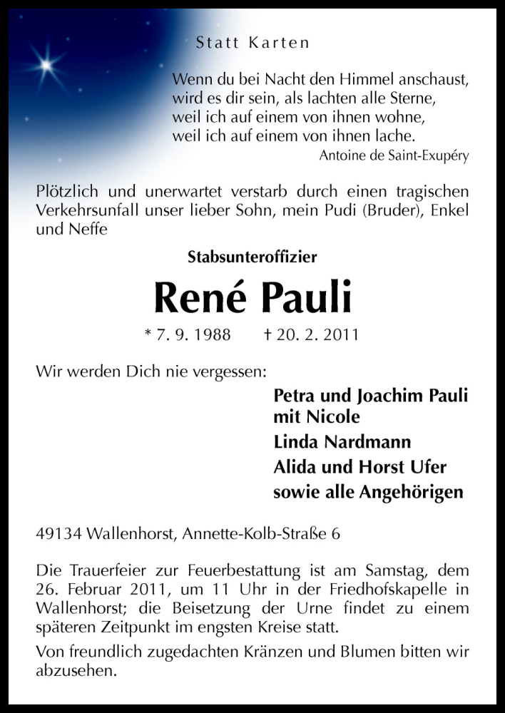  Traueranzeige für René Pauli vom 23.02.2011 aus Neue Osnabrücker Zeitung GmbH & Co. KG