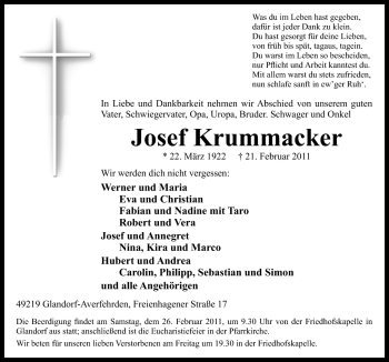 Traueranzeige von Josef Krummacker von Neue Osnabrücker Zeitung GmbH & Co. KG