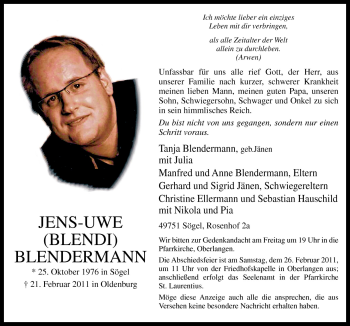 Traueranzeige von Jens-Uwe Blendermann von Neue Osnabrücker Zeitung GmbH & Co. KG