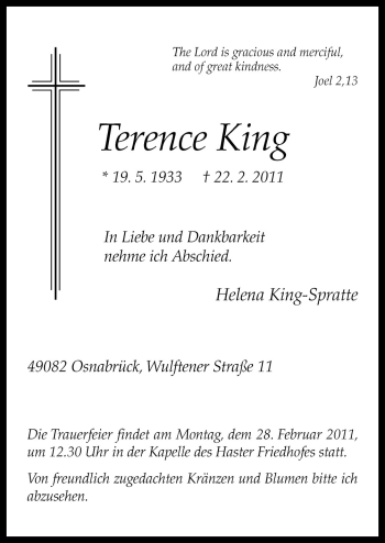 Traueranzeige von Terence King von Neue Osnabrücker Zeitung GmbH & Co. KG