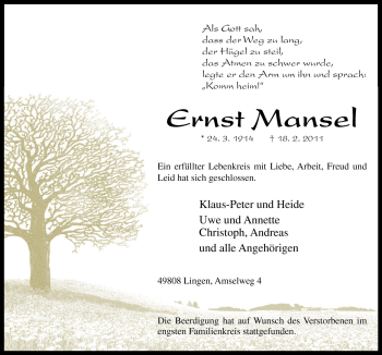 Traueranzeige von Ernst Mansel von Neue Osnabrücker Zeitung GmbH & Co. KG