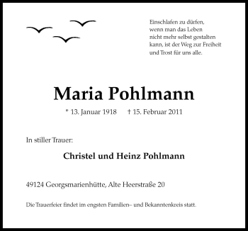 Traueranzeige von Maria Pohlmann von Neue Osnabrücker Zeitung GmbH & Co. KG