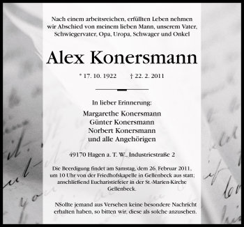 Traueranzeige von Alex Konersmann von Neue Osnabrücker Zeitung GmbH & Co. KG