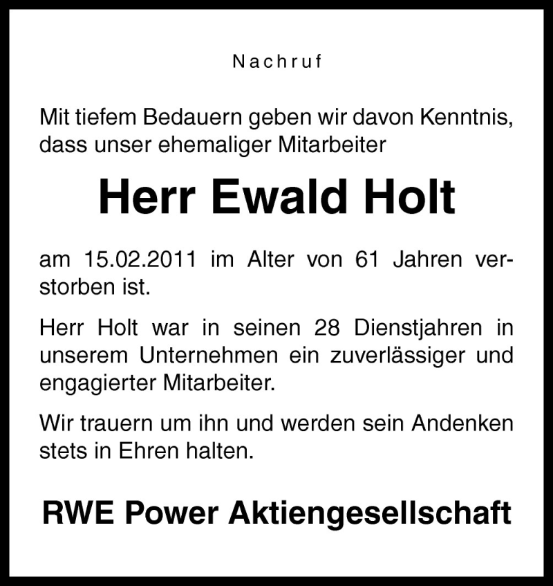  Traueranzeige für Ewald Holt vom 25.02.2011 aus Neue Osnabrücker Zeitung GmbH & Co. KG