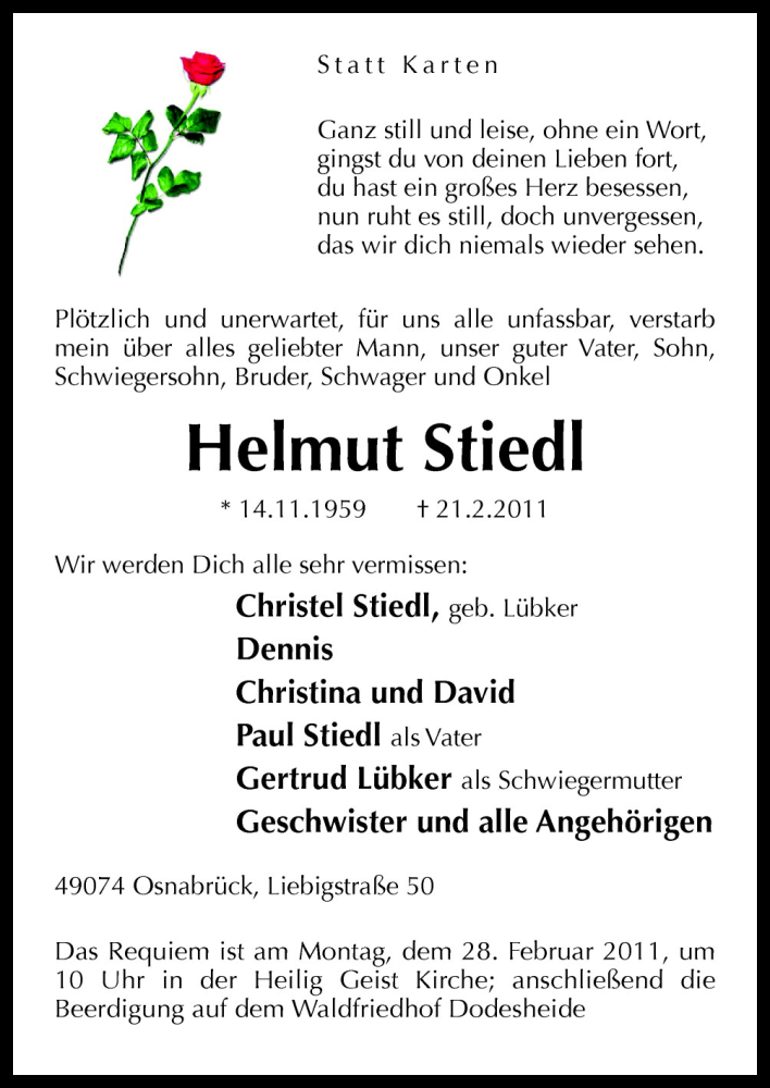  Traueranzeige für Helmut Stiedl vom 24.02.2011 aus Neue Osnabrücker Zeitung GmbH & Co. KG