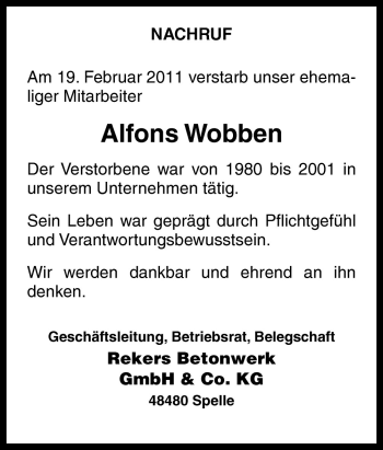 Traueranzeige von Alfons Wobben von Neue Osnabrücker Zeitung GmbH & Co. KG
