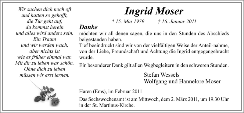  Traueranzeige für Ingrid Moser vom 26.02.2011 aus Neue Osnabrücker Zeitung GmbH & Co. KG