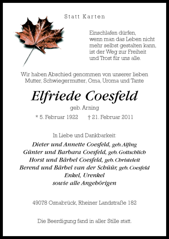 Traueranzeige von Elfriede Coesfeld von Neue Osnabrücker Zeitung GmbH & Co. KG