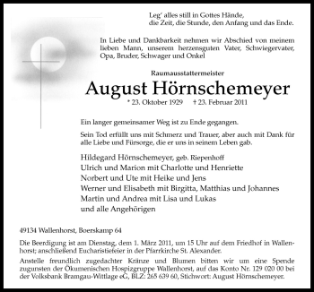 Traueranzeige von August Hörnschemeyer von Neue Osnabrücker Zeitung GmbH & Co. KG