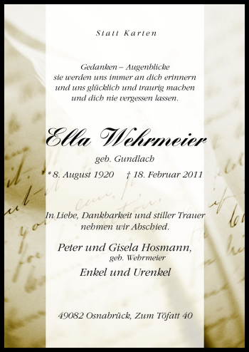 Traueranzeige von Ella Wehrmeier von Neue Osnabrücker Zeitung GmbH & Co. KG