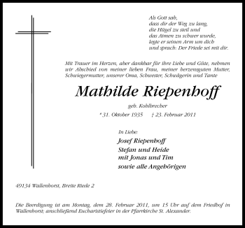 Traueranzeige von Mathilde Riepenhoff von Neue Osnabrücker Zeitung GmbH & Co. KG