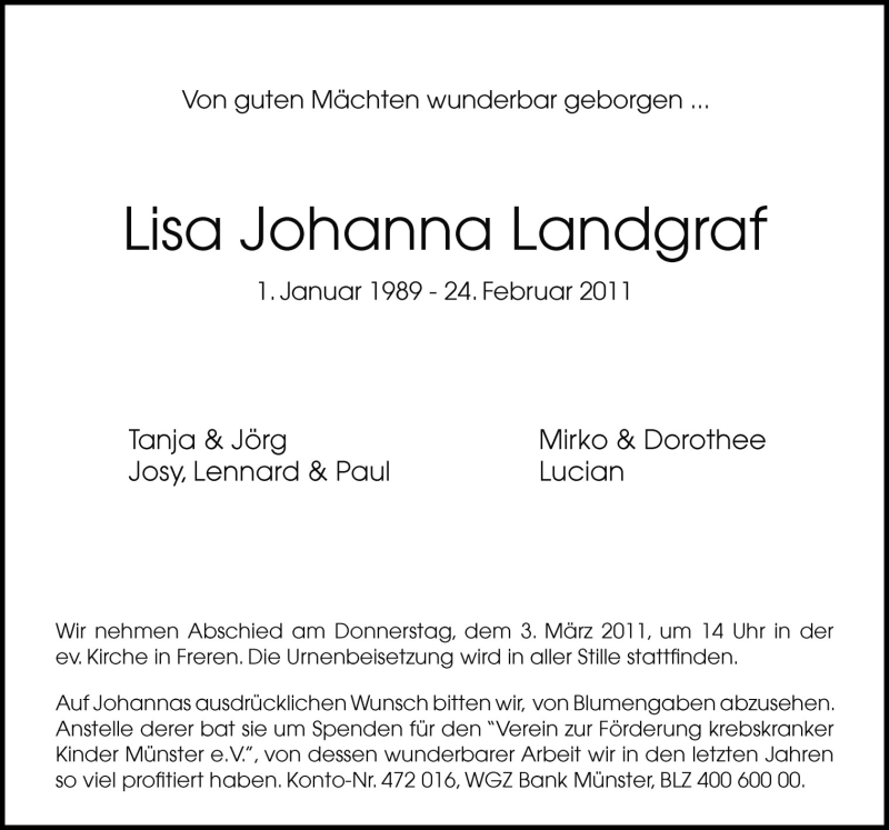 Traueranzeige für Lisa Johanna Landgraf vom 26.02.2011 aus Neue Osnabrücker Zeitung GmbH & Co. KG