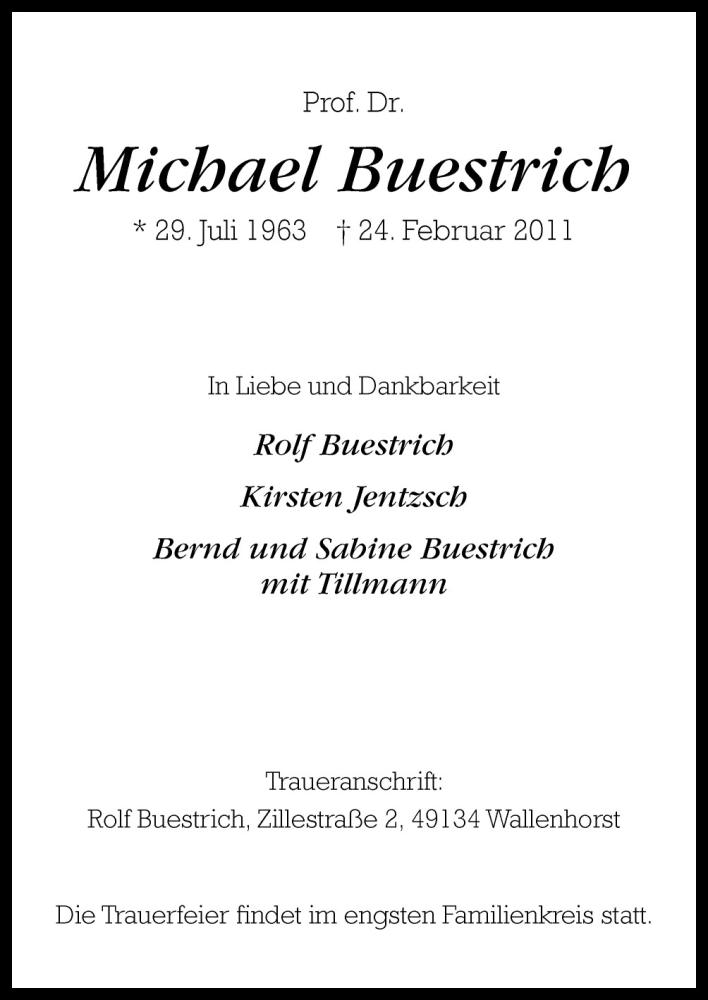  Traueranzeige für Michael Buestrich vom 26.02.2011 aus Neue Osnabrücker Zeitung GmbH & Co. KG