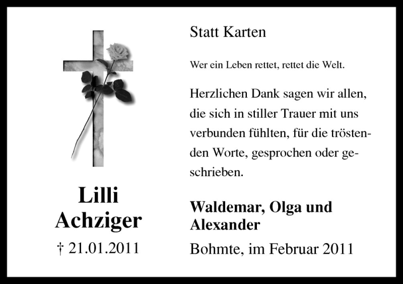  Traueranzeige für Lilli Achziger vom 26.02.2011 aus Neue Osnabrücker Zeitung GmbH & Co. KG