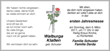 Traueranzeige von Walburga Klaßen von Neue Osnabrücker Zeitung GmbH & Co. KG