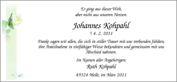 Traueranzeige von Johannes Kohpahl von Neue Osnabrücker Zeitung GmbH & Co. KG