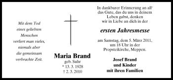 Traueranzeige von Maria Brand von Neue Osnabrücker Zeitung GmbH & Co. KG