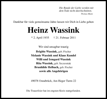 Traueranzeige von Heinz Wassink von Neue Osnabrücker Zeitung GmbH & Co. KG
