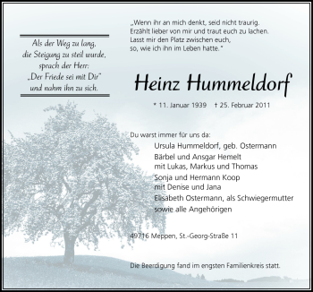 Traueranzeige von Heinz Hummeldorf von Neue Osnabrücker Zeitung GmbH & Co. KG