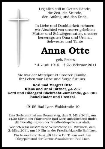 Traueranzeige von Anna Otte von Neue Osnabrücker Zeitung GmbH & Co. KG