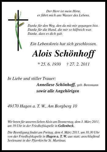 Traueranzeige von Alois Schönhoff von Neue Osnabrücker Zeitung GmbH & Co. KG