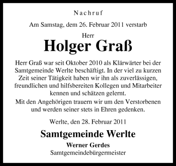 Traueranzeige von Holger Graß von Neue Osnabrücker Zeitung GmbH & Co. KG