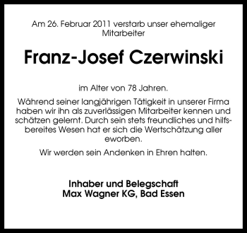 Traueranzeige von Franz-Josef Czerwinski von Neue Osnabrücker Zeitung GmbH & Co. KG