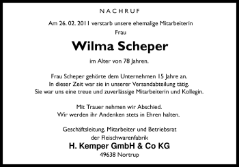 Traueranzeige von Wilma Scheper von Neue Osnabrücker Zeitung GmbH & Co. KG