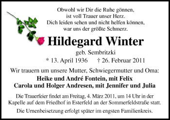 Traueranzeige von Hildegard Winter von Neue Osnabrücker Zeitung GmbH & Co. KG
