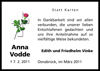 Traueranzeige von Anna Vodde von Neue Osnabrücker Zeitung GmbH & Co. KG