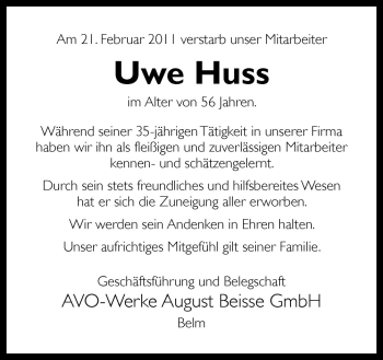 Traueranzeige von Uwe Huss von Neue Osnabrücker Zeitung GmbH & Co. KG