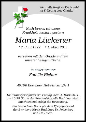 Traueranzeige von Maria Lückener von Neue Osnabrücker Zeitung GmbH & Co. KG