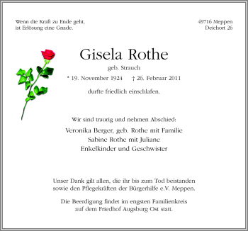 Traueranzeige von Gisela Rothe von Neue Osnabrücker Zeitung GmbH & Co. KG