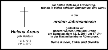 Traueranzeige von Helena Arens von Neue Osnabrücker Zeitung GmbH & Co. KG