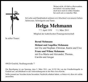 Traueranzeige von Helga Mehmann von Neue Osnabrücker Zeitung GmbH & Co. KG