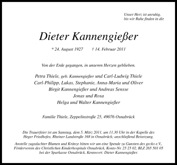 Traueranzeige von Dieter Kannengießer von Neue Osnabrücker Zeitung GmbH & Co. KG