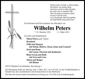 Traueranzeige von Wilhelm Peters von Neue Osnabrücker Zeitung GmbH & Co. KG