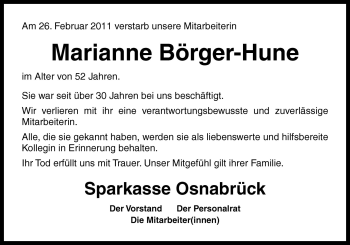 Traueranzeige von Marianne Börger-Hune von Neue Osnabrücker Zeitung GmbH & Co. KG