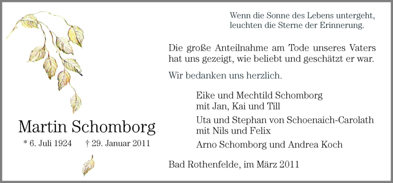  Traueranzeige für Martin Schomborg vom 05.03.2011 aus Neue Osnabrücker Zeitung GmbH & Co. KG