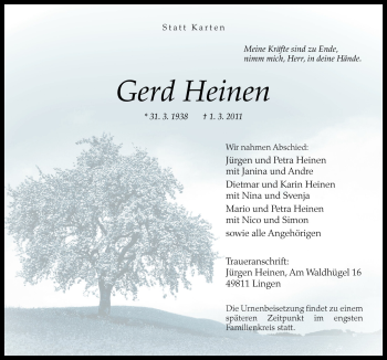 Traueranzeige von Gerd Heinen von Neue Osnabrücker Zeitung GmbH & Co. KG