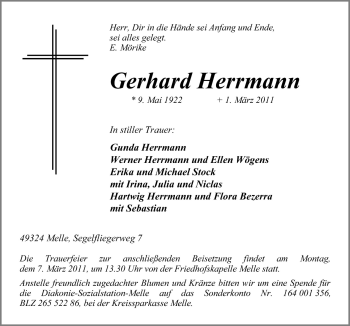 Traueranzeige von Gerhard Herrmann von Neue Osnabrücker Zeitung GmbH & Co. KG