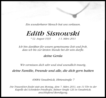 Traueranzeige von Edith Sisnowski von Neue Osnabrücker Zeitung GmbH & Co. KG