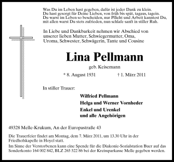 Traueranzeige von Lina Pellmann von Neue Osnabrücker Zeitung GmbH & Co. KG