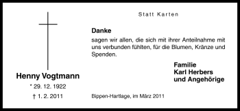 Traueranzeige von Henny Vogtmann von Neue Osnabrücker Zeitung GmbH & Co. KG