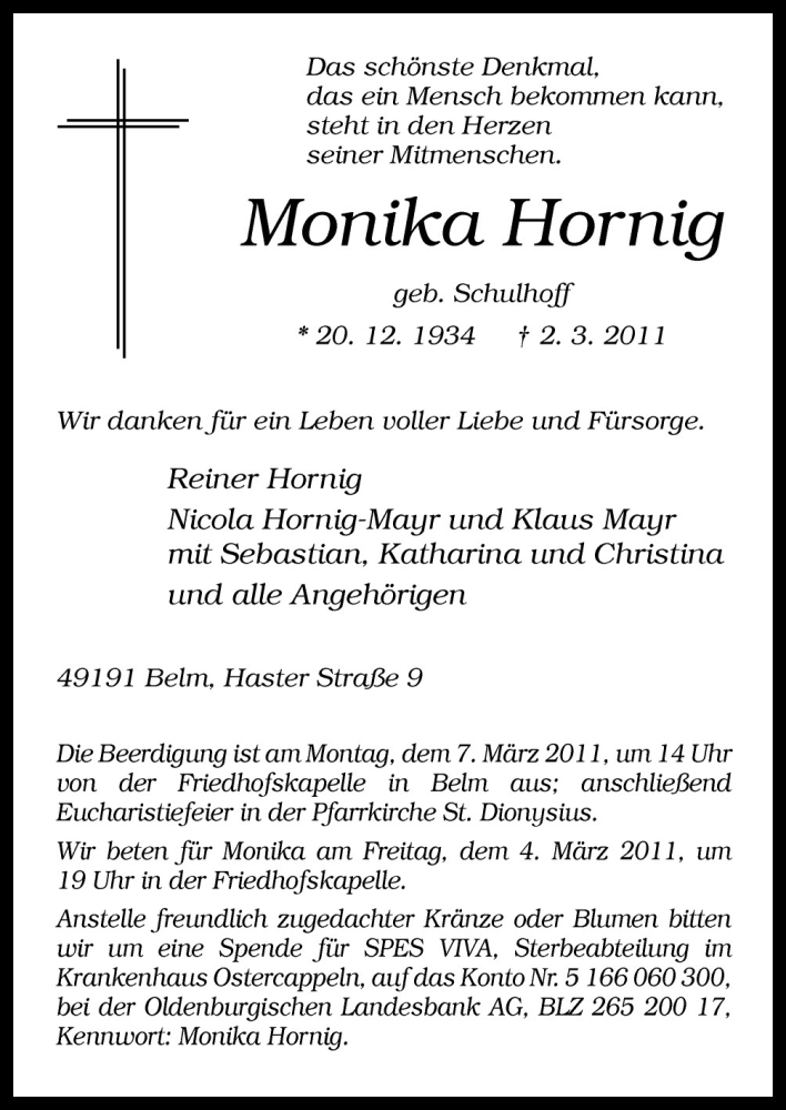 Traueranzeige für Monika Hornig vom 04.03.2011 aus Neue Osnabrücker Zeitung GmbH & Co. KG