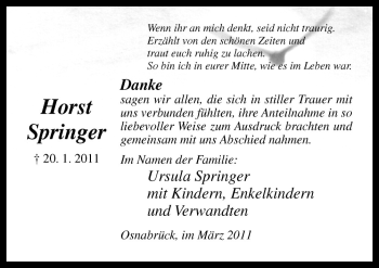 Traueranzeige von Horst Springer von Neue Osnabrücker Zeitung GmbH & Co. KG